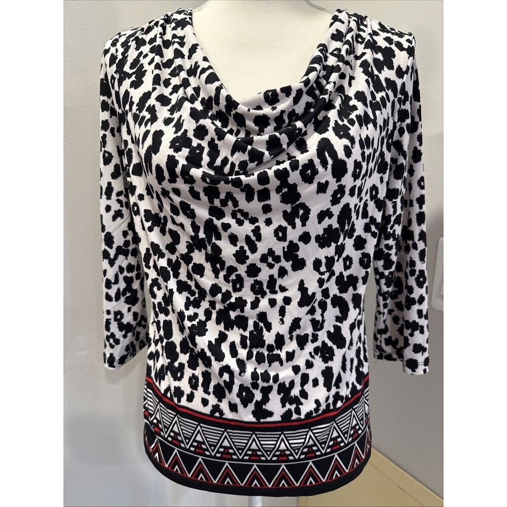 Ruby Rd White Black Shirt Leopard Print Pullover Blouse Stretch Cowl Petite S